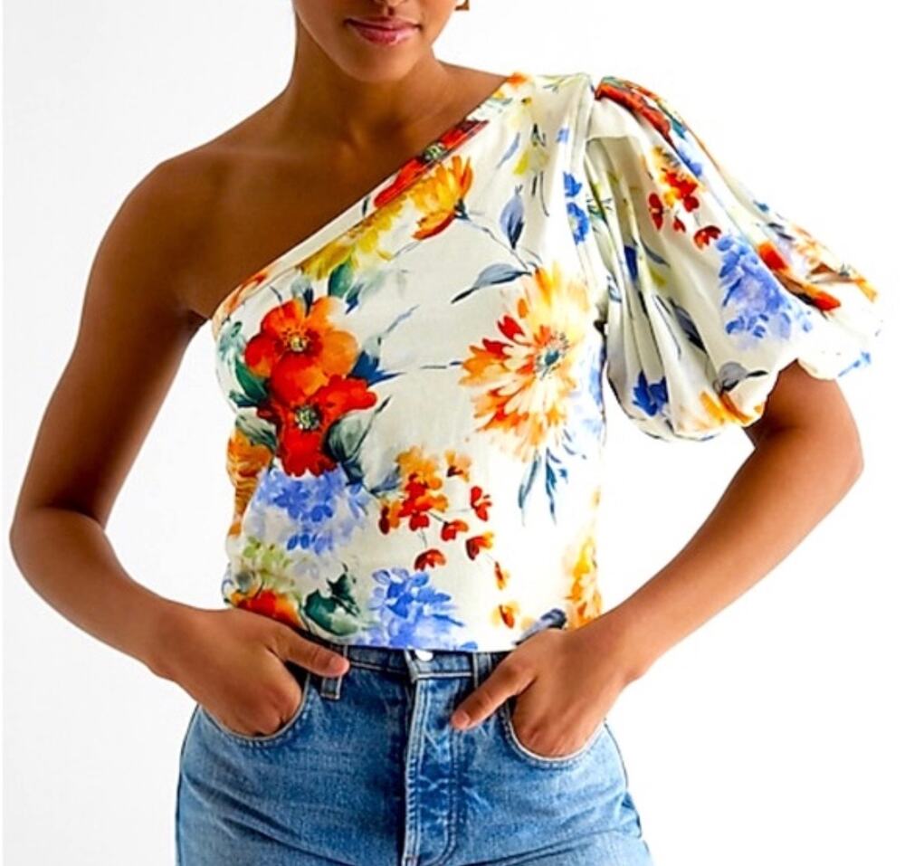 NWT Express  Floral Skimming One Shoulder Puff Sleeve Multi Color Top Small